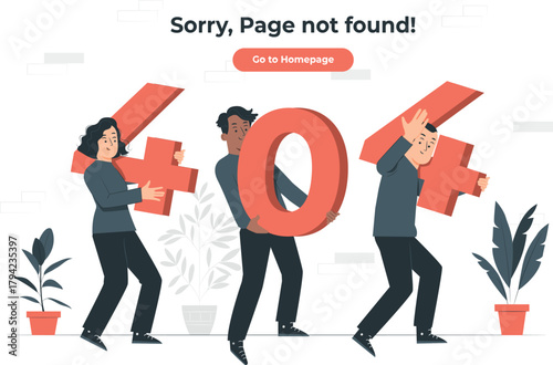 People holding large 404 error numbers with plants and button page not found error message