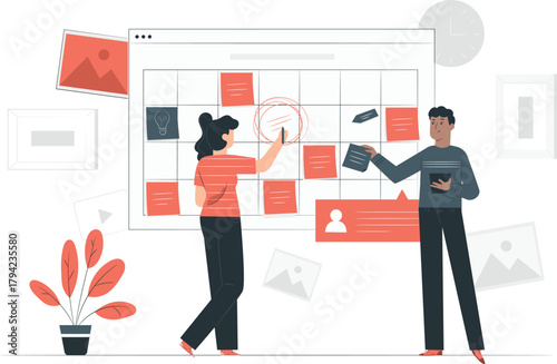 People planning and organizing tasks on a large calendar board vector illustration