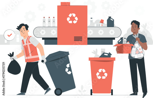 People recycling waste with conveyor belt and bins trash garbage