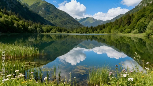 Fototapeta Naklejka Na Ścianę i Meble -  A tranquil alpine lake perfectly reflects the blue sky and white clouds, framed by lush green mountains and foreground wildflowers, capturing a peaceful summer landscape.