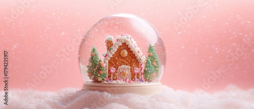 The Gingerbread House in a Snow Globe on Soft Pink Snowy Background