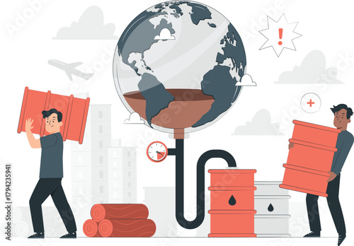 People transporting oil barrels near a globe and refinery transportation earth