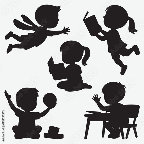 Silhouettes of children engaged in various activities like reading and playing