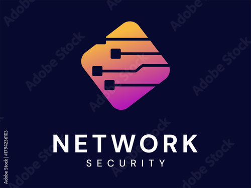 Network security with circuit board lines overlapping in rounded square cube technology Analysis logo vector design concept. AI technology logotype symbol for advance technology, ui, automation, robot