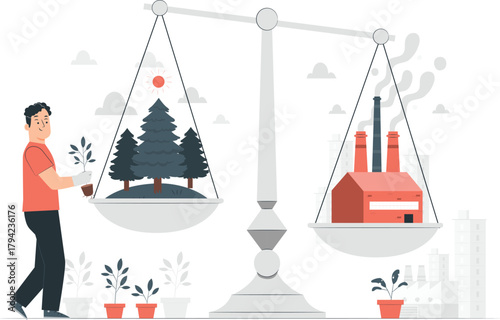 Person Balancing Nature and Industry on a Scale balance environment