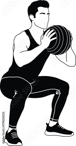 Squat Exercise Silhouette – Woman Holding Medicine Ball in Low Squat Position