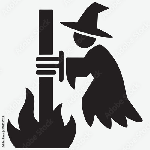 Stylized Witch Icon with Fire and Pole
