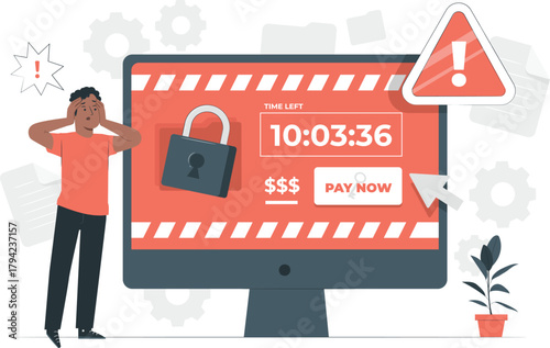 Person panicking at computer screen showing payment deadline and lock vector illustration
