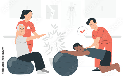 Physical Therapy Session with Exercise Ball and Medical Charts physiotherapy rehabilitation