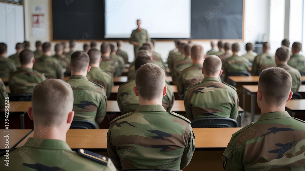 Fototapeta premium Dedicated soldiers attentively listening to instructor in bright military classroom learning crucial strategies and operations for mission success