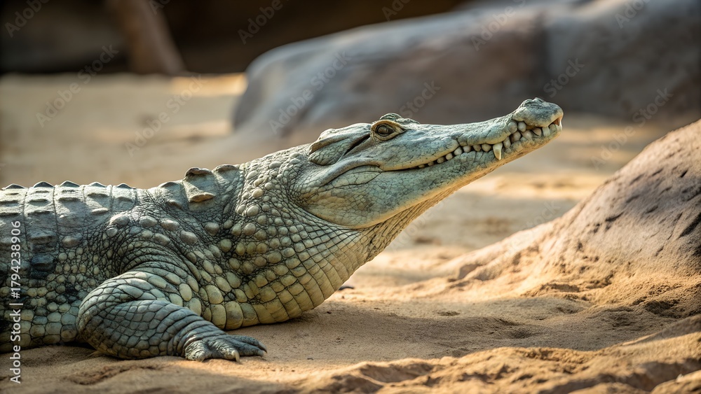 Obraz premium Realistic Close-Up of Crocodile on Sand with Natural Lighting.