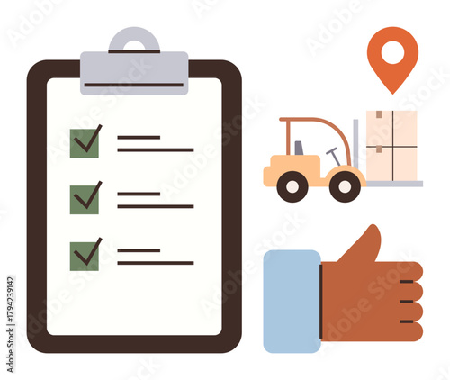 Checklist with green ticks, forklift carrying boxes, approval hand gesture, location pin. Ideal for logistics, delivery, inventory management, business efficiency, quality control transportation
