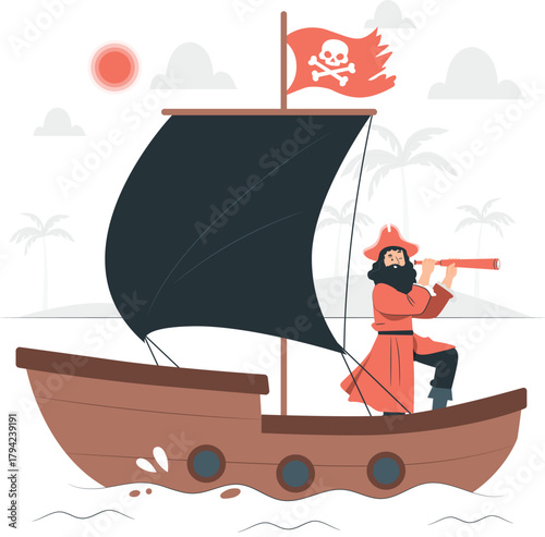 Pirate Ship Sailing with Skull Flag and Lookout on White Background vector illustration