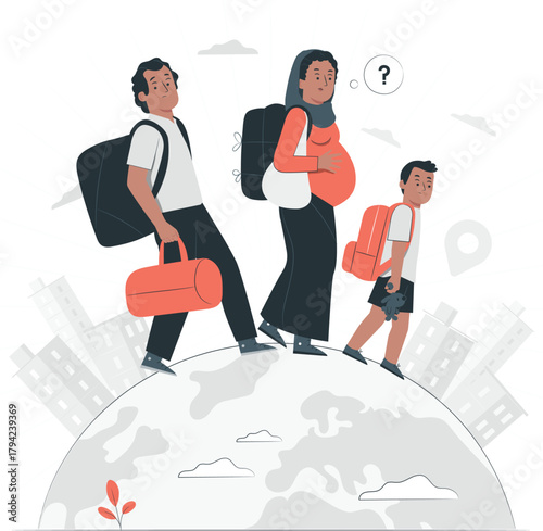 Pregnant Family Traveling with Backpacks on Globe fleeing