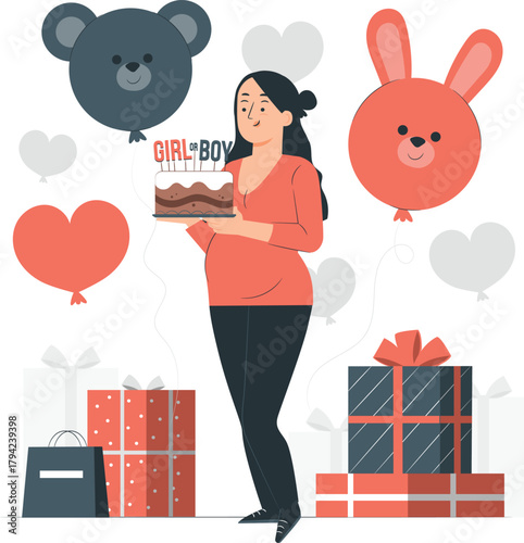 Pregnant Woman Holding Gender Reveal Cake Surrounded by Balloons and Gifts vector illustration