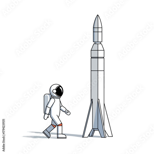 Illustrative astronaut character stands next to a powerful space rocket, symbolizing exploration