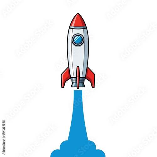 Cartoon rocket ship launching into space with blue smoke trail