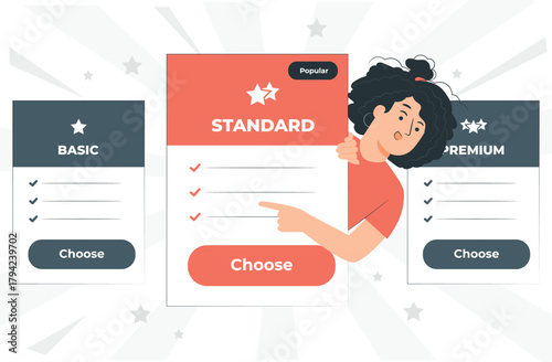 Pricing Plans with a Woman Pointing to Standard Option subscription tiers