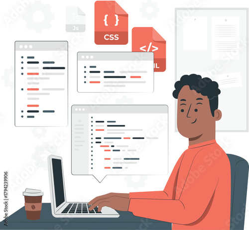 Programmer Working on Laptop with Code Files coding development