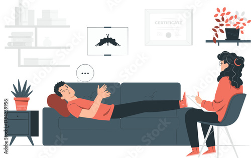 Psychologist counseling patient on couch in therapy session Keywords: therapy, psychology, mental