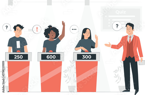 Quiz Show Contestants and Host with Buzzers and Scoreboards vector illustration
