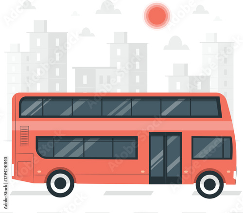 Red double decker bus in a city with buildings and sun vehicle