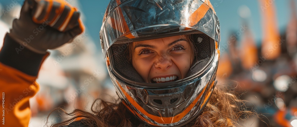 Naklejka premium After winning an outdoor go-kart track championship, a lady wearing a racing helmet joyfully raises her fist in excitement.