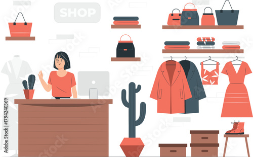 Retail Store Interior with Salesperson and Clothing Display shop