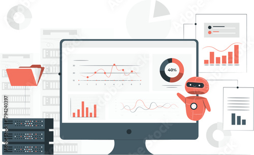Robot and computer displaying data analysis and server racks charts graphs