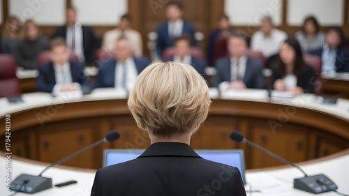 Confident woman addresses panel in formal meeting room, sparking discussion and decision-making in a professional environment, inspiring leadership and strategic dialogue.