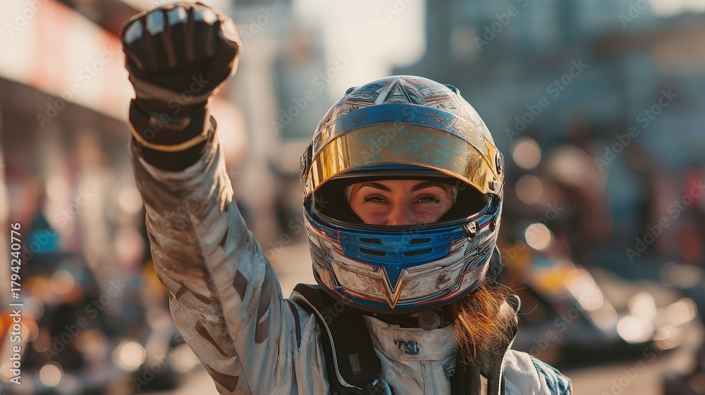 Obraz premium After winning an outdoor go-kart track championship, a lady wearing a racing helmet joyfully raises her fist in excitement.