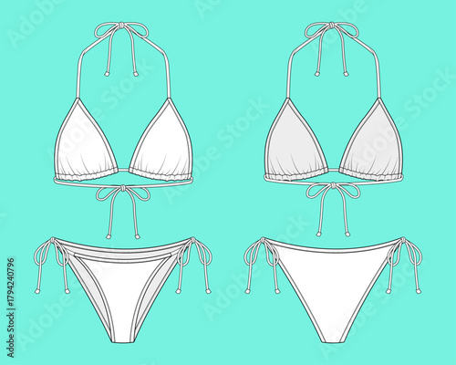 Women's Triangle String Bikini Set Technical Flat Sketch Front and Back Views