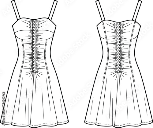 cad drawing flat vector illustration, sleeveless dress fashion sketch, sweetheart neckline template, button front garment outline, clothing design