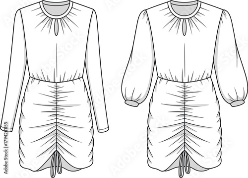 Ruched dress front view, keyhole neckline, drawstring hem, sleeve variations, cad drawing flat vector illustration, fashion sketch