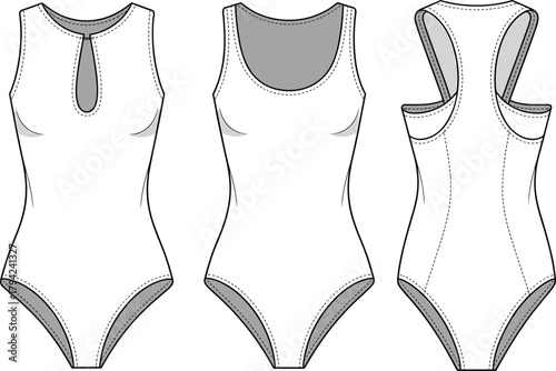 Sleeveless bodysuit front, side, back view, scoop neckline, racerback seam, cad drawing flat vector illustration, fashion sketch