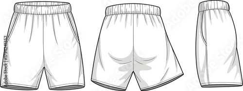 Elastic waist shorts front, side, back view, contour seam, patch pocket, cad drawing flat vector illustration, fashion sketch