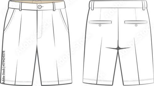 Tailored shorts front and back view, pleated legs, welt pockets, belt loops, cad drawing flat vector illustration, fashion sketch