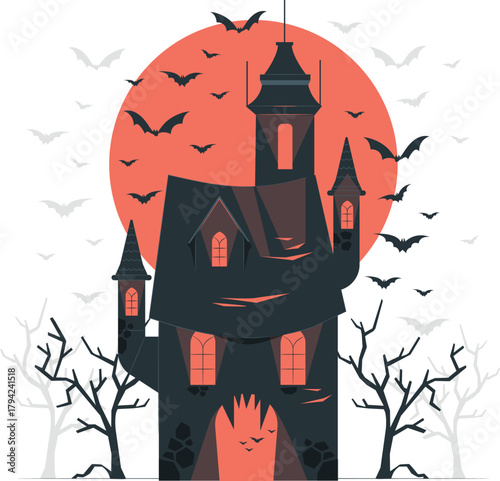 Spooky haunted house with bats and full moon for Halloween scary