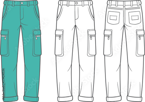 Cargo pants front, side, back view, zipper pocket, flap detail, cuffed hem, cad drawing flat vector illustration, fashion sketch