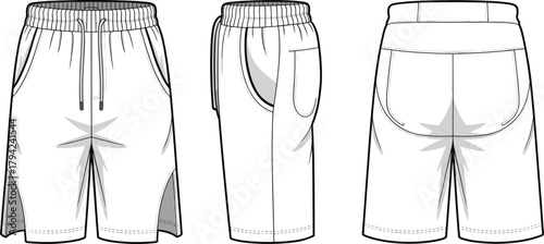 Tableau sur toile Athletic shorts front, side, back view, gusset panel, drawstring waist, cad draw