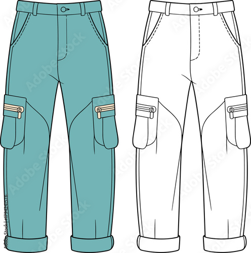 Cargo pants front and back view, flap pocket, seam detail, cuffed hem, cad drawing flat vector illustration, fashion sketch