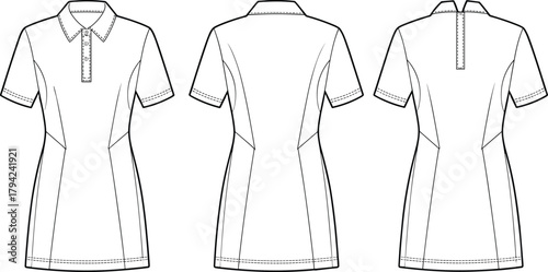 Short-sleeve polo shirt front and back view, princess seam, split collar detail, cad drawing flat vector illustration, fashion sketch