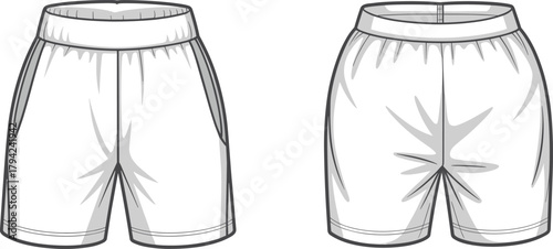 Elastic waistband shorts front and back view, pocket and seam detail, cad drawing flat vector illustration, fashion sketch, garment design