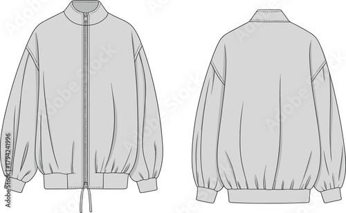 Hooded jacket front and back view, drawstring hem, voluminous sleeve detail, cad drawing flat vector illustration, fashion sketch