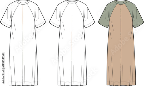 Short-sleeve dress front and back view, round neckline, center seam, color block detail, cad drawing flat vector illustration