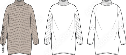 High-neck sweater front and back view, diamond texture variation, relaxed fit silhouette, cad drawing flat vector illustration, fashion sketch