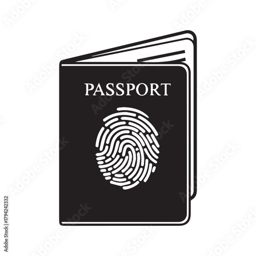 Passport icon with fingerprint for identification and travel security