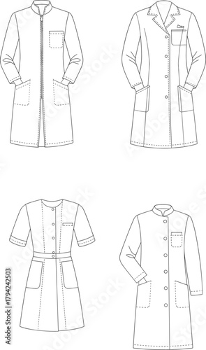 Lab coat collection front and back view, collar and pocket variation, fashion flat sketch, cad drawing flat vector illustrationLab coat collection front and back view, collar and pocket variation