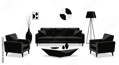 Black and white living room interior minimalist vector illustration of furniture arrangement isolated on white background