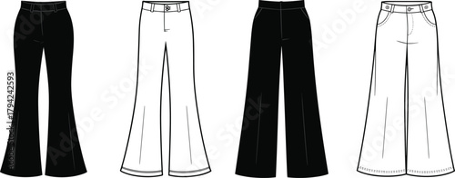 Women’s flared pants collection front view, high waist styles, fashion flat sketch, cad drawing flat vector illustration, garment design